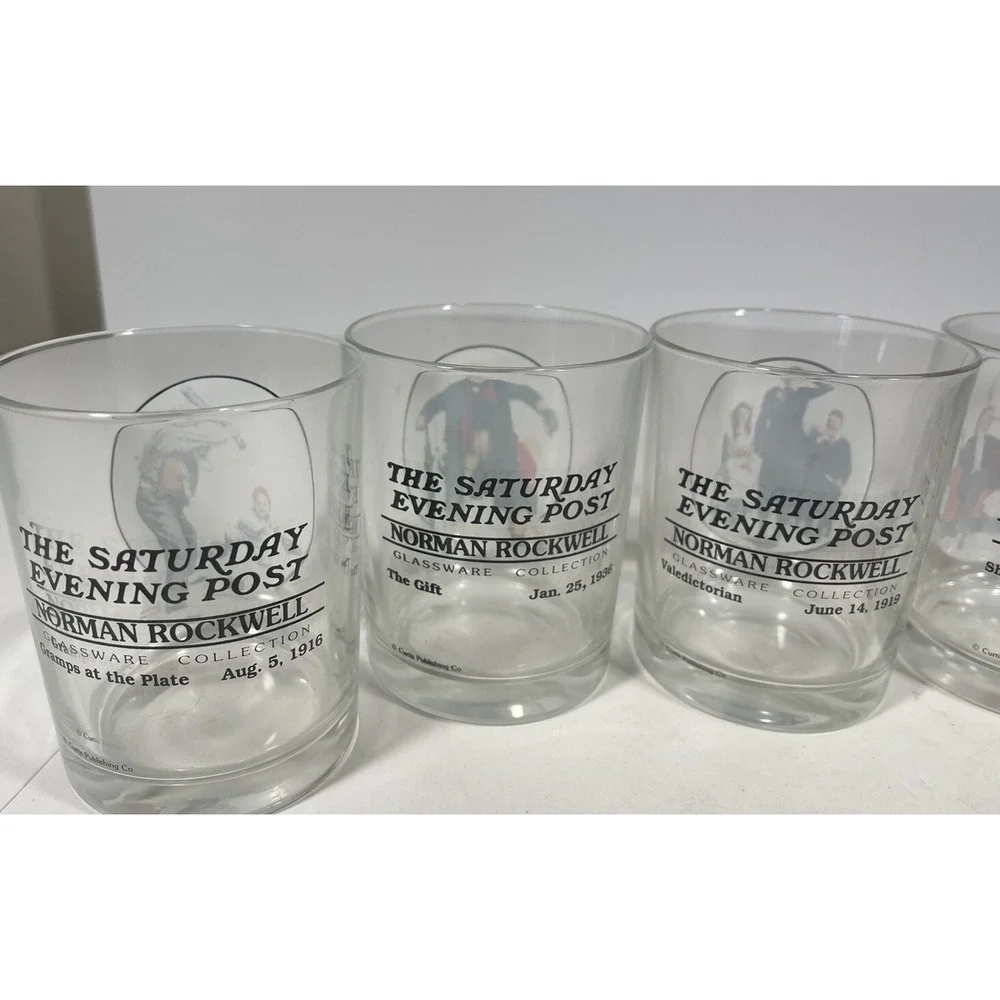 Lot of 7 Norman Rockwell The Saturday Evening Post Whiskey Bar Glasses Vintage